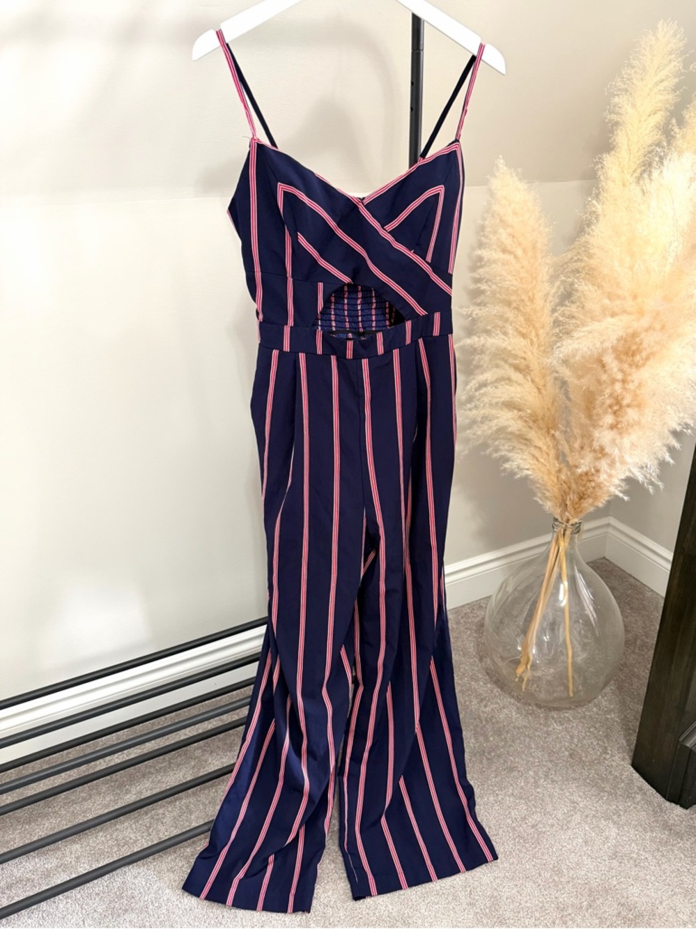 Japna Navy Red Striped Wide Leg Jumpsuit | Smocked Back Palazzo Jumpsuit